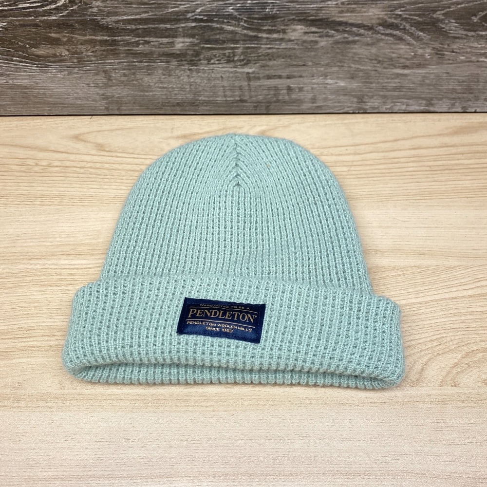Pendleton Hat Cap Beanie Sea Foam Green Woolen Mills Logo Ribbed Knit Winter